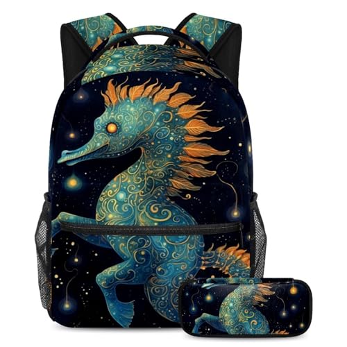 Art abstrait Hippocampe Galaxy ensemble cartable 2 pièces avec sac à dos et trousse enfant Large