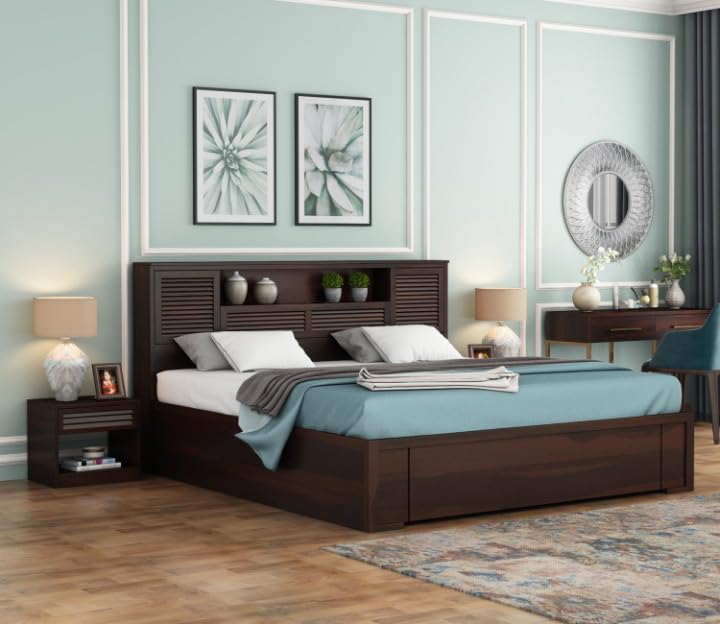 Kunjal Furniture Solid Sheesham Wood King Size Bed with Box Storage | Natural Finish | Wooden Bed for Bedroom | Design-2 (King Size, Box Storage Walnut Finish)