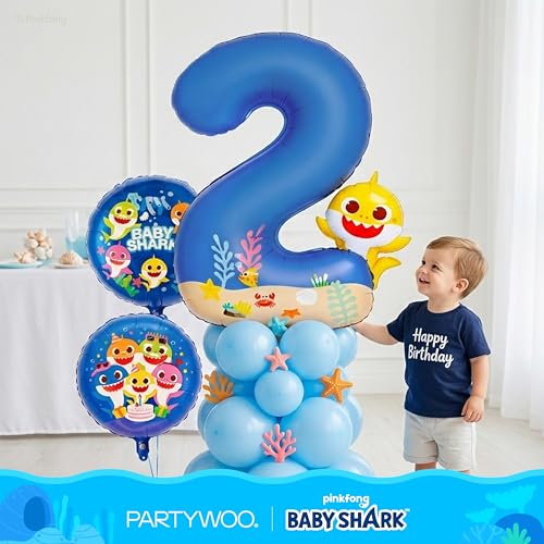Image of PartyWoo Baby Shark Blue Foil Number 2 Balloon 5pcs 40 18 Inch Blue Round Star Mylar Helium Birthday Balloons for Boys and Girls Baby Shark Under the Sea Ocean Kids Second Birthday Party Decorations