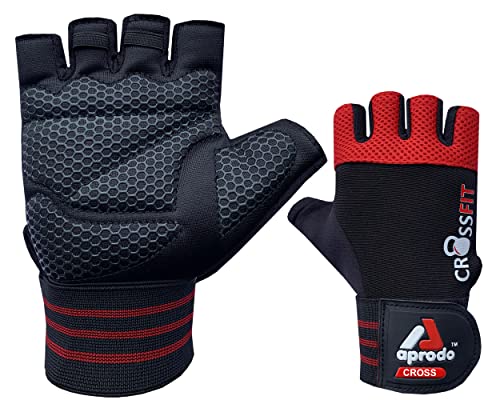 Aprodo Cross-Fitness Training and Workout Weight Lifting Gym Gloves, with Wrist Support, Unisex, Free Size (Black RED)