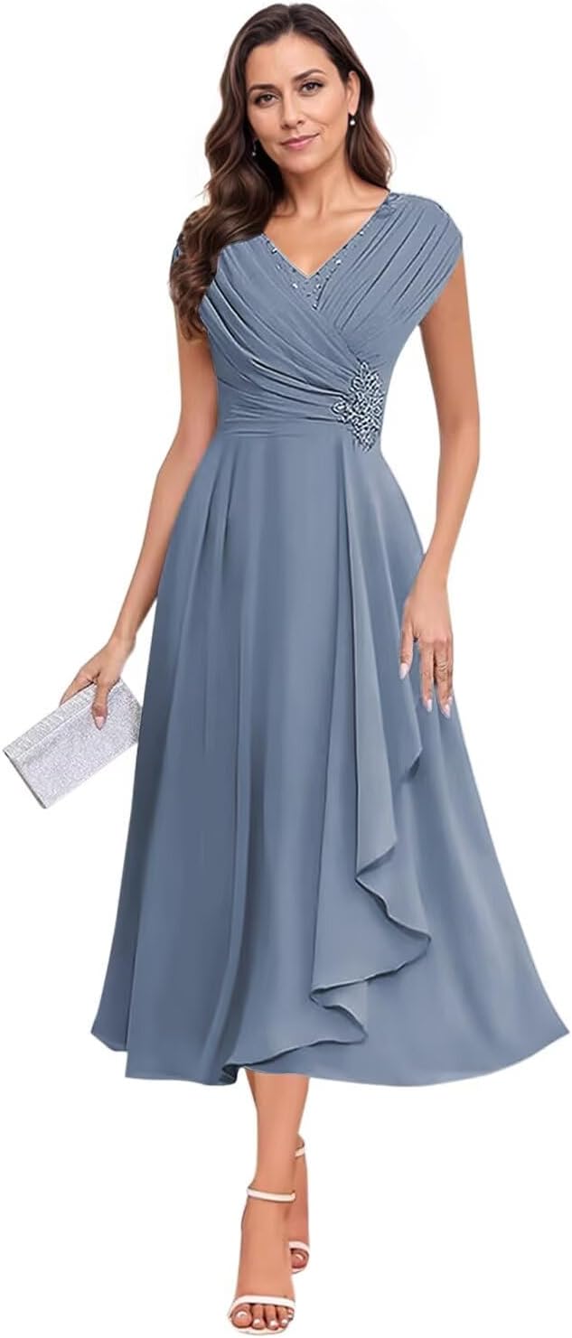 Tea Length Mother of The Bride Dress for Women V Neck Chiffon Ruched Formal Prom Dresses for Wedding A Line