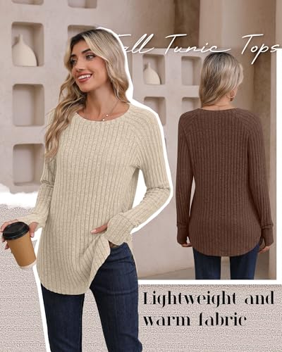 Riyiper 3 Pack Women's Long Sleeve Sweaters with Thumb Hole, Curved Hem Tunic Tops Side Split Crew Neck Loose Fit Shirts3