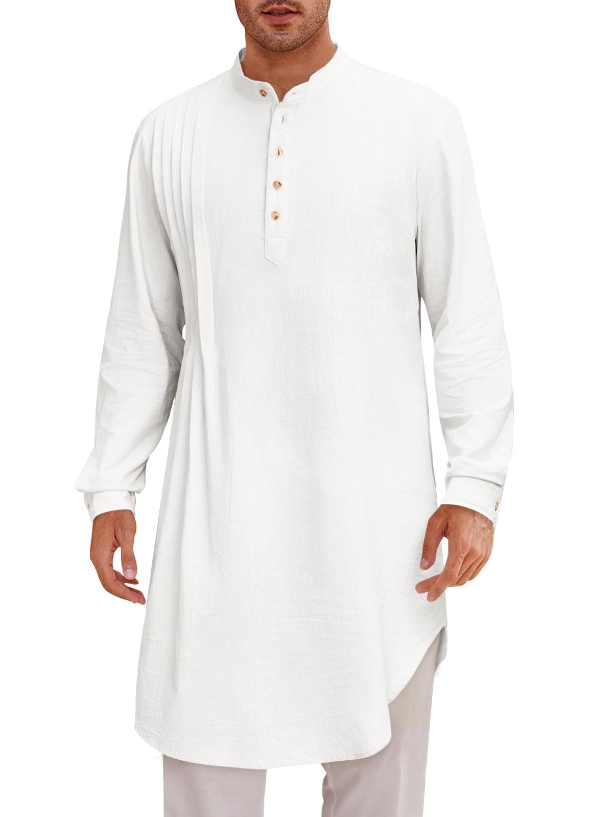 Mens Kaftan Thobe Cotton Linen Henley Shirt Long Sleeve Robe Casual Muslim Gown Kurta