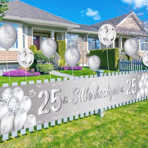 Silberhochzeit Deko-Set – Banner 270x35 Cm + 12 Luftballons, Für 25. Hochzeitstag