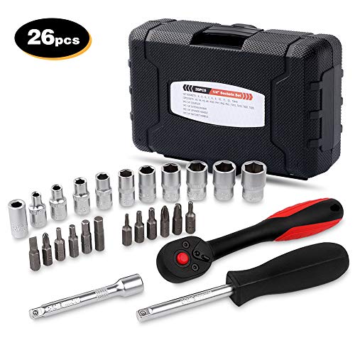 MORWELL 1/4”Drive Socket Set, Socket Set with Ratchet Handle, Extension Bars and Bits Set, 26 Pieces Socket Wrench Set for Car, Bike Repair