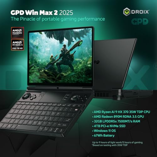 Image of GPD Win Max 2 Handheld Gaming PC, 10.1-Inch Touchscreen, AMD Ryzen, Gaming Controls, Backlit Keyboard, OCuLink Port - 2025 Edition (Ryzen AI 9 HX 370), 32GB RAM / 4TB SSD, Matte Black