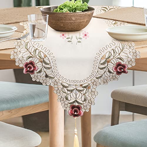Kinbosd Macrame Table Runners, Farmhouse White Hollow Lace, Floral Embroidered Rectangle, Modern Table Runner With Tassels, For Holiday Party And Dining Room Dresser, 15.7 X 69.2 Inch (40 X176 Cm) #TOP1