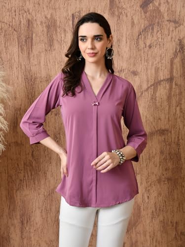 Image of nioni Women's Purple Poly Linen Blend Tunic Top with 3 /4 Sleeves, Printed Yoke, Kantha Stitch Detailing & Mandarin Collar