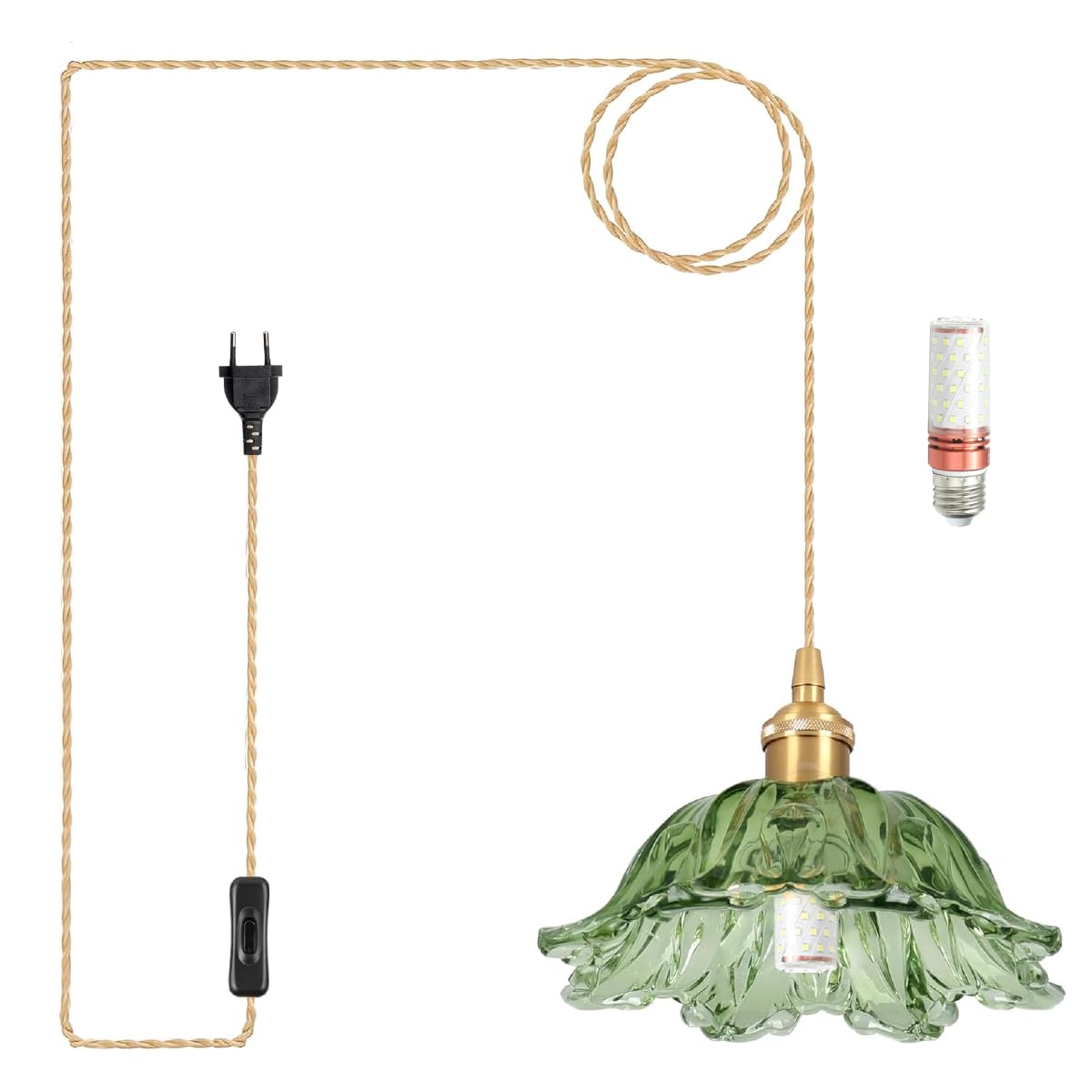 Hängelampe mit Stecker Vintage Glas Grün Pendelleuchte 3 Farbtemperatur Hängeleuchte mit 400cm Kabel und Schalter, E27 Lampenfassung, Blumen Form Lampenschirm, für Flur Küche Esstisch mit Glühbirnen