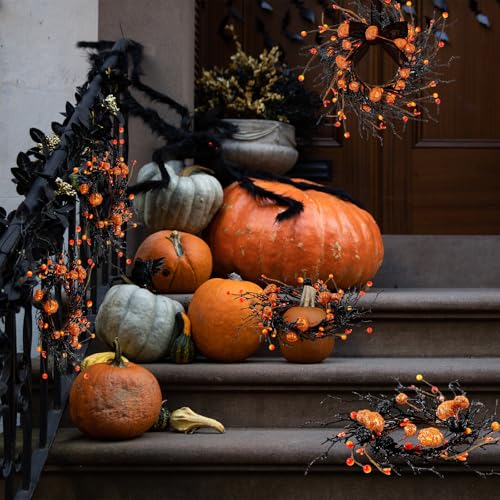Image of 4 PCS Halloween Candle Rings Wreaths Black Orange Berries & Pumpkin Candle Rings Mini Wreath 3.5 Inch Center for Pillar Candle Halloween Fall Thanksgiving Party Home Table Indoor Decorations