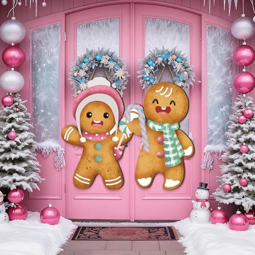 2 Pcs Pastel Gingerbread Christmas Decorations Christmas Wreath Hanging Sign for Front Door Candyland Wooden Welcome Signs Gingerbread Man Hanging Signs Ginger Bread Decor for Holiday
