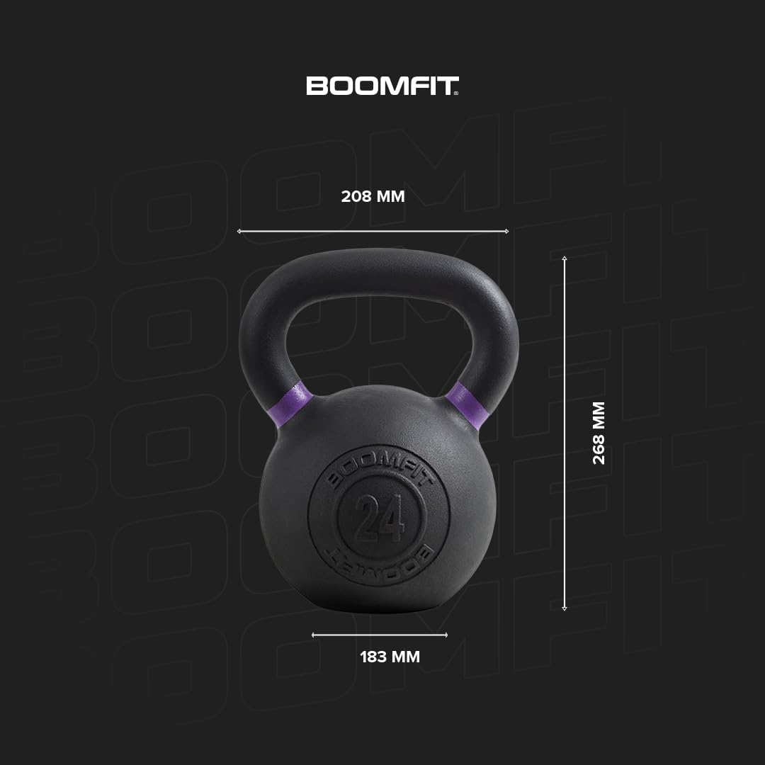 BOOMFIT Kettlebell aus Gusseisen mit schwarzer Pulverbeschichtung | Klassische Kugelhantel für Krafttraining Zuhause und Studio | Ideal für Swing Squat und CrossFit | 4 bis 24 kg