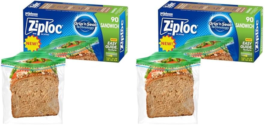 Ziploc Sandwich and Snack Bags, Storage Bags for On the Go Freshness, Grip 'n Seal Technology for Easier Grip, Open, and Close, 90 Count (Pack of 2)