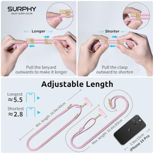 Image of SURPHY Phone Lanyard Crossbody, Phone Strap Crossbody with 2 Tether Tabs | Adjustable Cell Phone Lanyard, Anti Theft Phone Strap, Premium Metal Buckles, Universal Lanyard for Travel, Blush Speckle