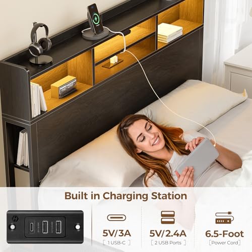 Image of Rolanstar Full Bed Frame with Storage Headboard & Side Shelf, Metal Platform Bed with Charging Station, LED Bed Frame, No Box Spring Needed, Easy Assembly, Noise-Free, Black