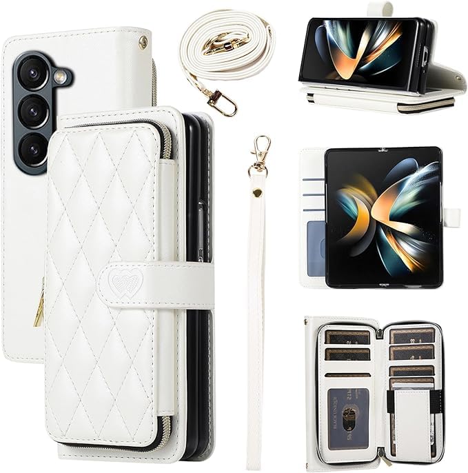 YYTVN Wallet Case for Samsung Galaxy Z Fold 6 with Zipper Card Holder & Shoulder Strap & Wrist Strap, Crossbody Purse Handbag Stylish Protective Cover