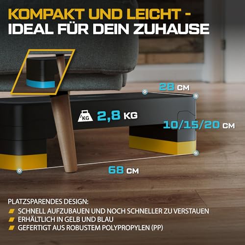 TREX SPORT Steppbrett für zuhause höhenverstellbar TX-030AS | 68×28×10/15/20cm Aerobic Stepper 3 Stufen, rutschfest, bis 350kg belastbar | Stepboard Gelb