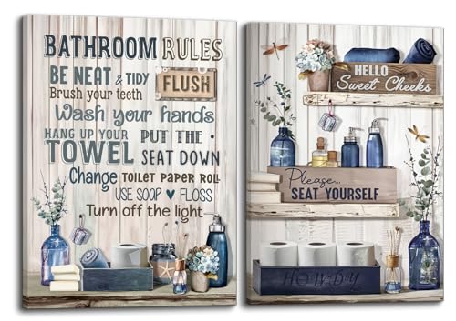 2 Pcs Framed Funny Bathroom Rules Canvas Wall Art, Retro Blue 12x16 Inch
