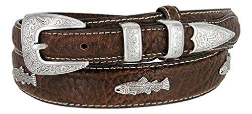 Hagora Men Real Bison Leather White Stitch Fish Conchos 1-1 8  Wide Buckle Belt,Brown 38