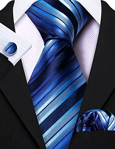Barry.wang Stripe Men Ties Set Classic Woven Necktie With Handkerchief Cufflinks Formal Blue #TOP5