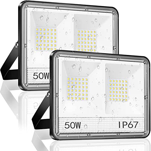 Projecteur Exterieur LED 50W 2 Pièce, TASINUO 2 en 1 IP67 Étanche Spot LED Extérieur, 5000LM 7000K Blanc Froid Projecteur LED Extérieur, Projecteur LED Pour Patio Terrasse Jardin Garage Usine Entrée Cover