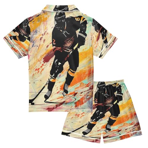 ALAZA Ice Hockey Player Oil Painting Satin Pajamas Set Short Sleeve Button Down Sleepwear Summer Pjs 2 Piece2