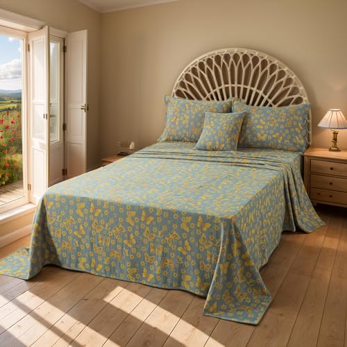 Image of FADFAY Butterfly Sheets Set King Vintage Yellow Grey Floral Bedding Shabby Farmhouse Bedding Super Soft Washed Double -Layer Muslin Sheets 100% Cotton Deep Pocket Fitted Sheet 4Pcs, King Size