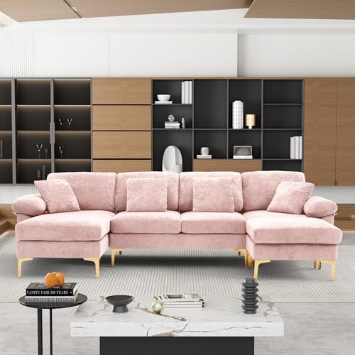 OUYESSIR U-Shaped Sectional Sofa, 4 Seats, Velvet, Pale Pink