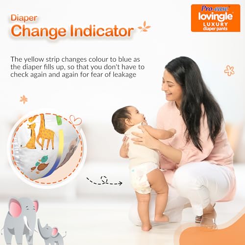 Image of Pro-ease Lovingle Luxury Wrapper Baby Diaper|Pant Style Diaper for Baby|Diaper L Size|2X preference on Absorption*IAdvanced Leakage Protection|Wetness Indicator|Easy Throw Tape|9-14 Kg|50 Pieces.