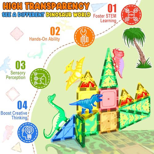 Image of Coodoo Dinosaur Toys Magnetic Tiles - Magnet Building Blocks for Toddler Kids Toys STEM Sensory Outdoor Toy for 3+ Year Old Boys and Girls, Dinosaur World Creative Games Kids