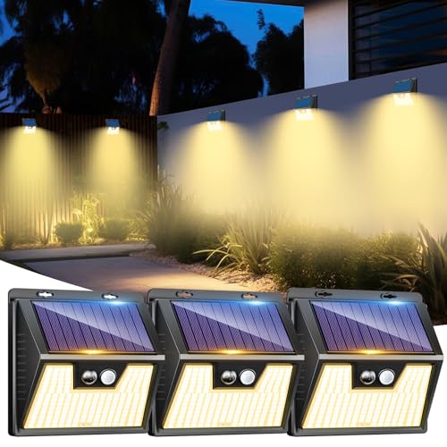 LOTMOS 3 Paquete Luz Solar Exterior, 176 LED Focos Led Exterior Solares con Sensor de Movimiento, 3 Modes Impermeable Lamparas Solares Potente para Jardín, Garaje, Calle, Patio, Caminos (Blanco Cálid)
