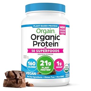 Orgain Organic Vegan Protein Powder + 50 Superfoods, Creamy Chocolate Fudge – 21g Plant Based Protein, Gluten Free, Dairy Free, Lactose Free, Soy Free, No Sugar Added, Kosher, B Vitamins – 2.02lb