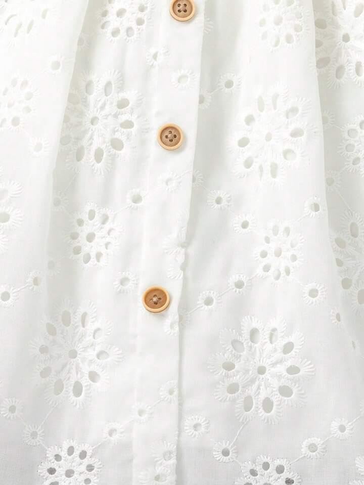 Image of Niren Enterprise Girl's A-Line Knee Length Cotton Eyelet Embroide Dress with Puff Sleeves, Floral Pattern, and Square Neckline