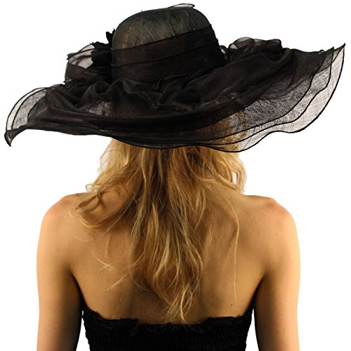 Victorian Layered Sinamay Floral Feathers Derby Floppy Wide 7"+ Dress Hat Black - Thumbnail 4