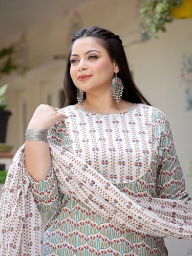 Image of YUFTA White And Green Printed Cotton Straight Plus Size Plus Size Kurta Trousers & Dupatta Set (9692PSKDWH )