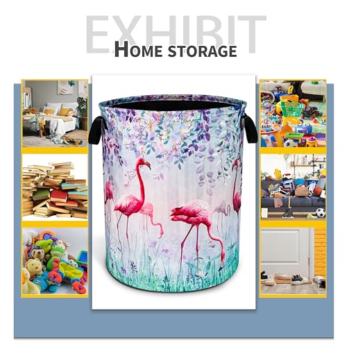 Image of Flamingo Flowers Laundry Basket Foldable Waterproof Hamper 18.9 x 16.5 Inch | Oxford Cloth With Reinforced Handles Lining Design Large-Capacity Storage For Bathrooms /Laundry Rooms / Living Rooms /Bedrooms