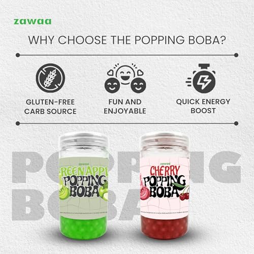 Image of ZAWAA 2 Popping Boba (Each 300gm) Total 600gm (Fruit Flavours), 2 Stainless Steel Straws (12mm), 1 Cleaning Brush, 1 Boba Scoop (Green Apple + Cherry)