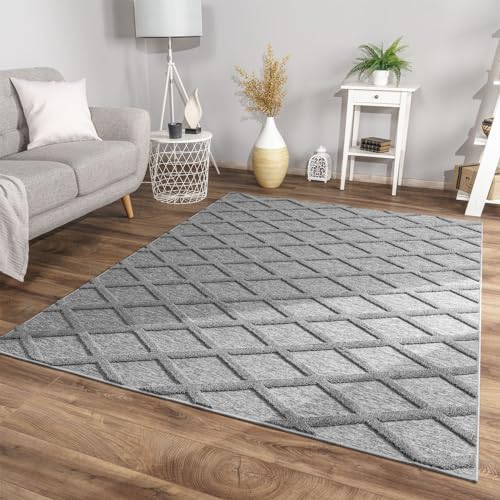 TT Home Wohnzimmer Teppich Esszimmer Kurzflor Skandi Design Rauten Deko 3D Weich, Farbe:Hellanthrazit Grau, Größe:120x160 cm