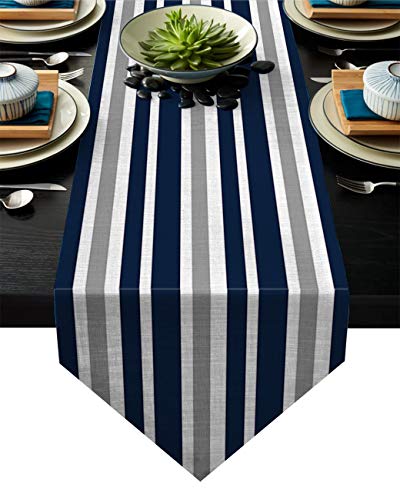 Top Rated FAMILYDECOR Linen Burlap Table Runner Dresser Scarves, Navy Blue and Grey Stripes Kitchen Table Runners for Dinner Holiday Parties, Wedding, Events, Decor - 13 x 90 Inch