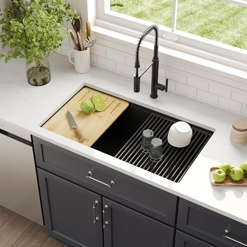 Image of DeerValley Black Undermount Kitchen Sink 33 Inch, Granite Composite Single Bowl Kitchen Sink with Integrated Ledge, Matte Black Quartz Workstation Sink for Kitchen with Accessories