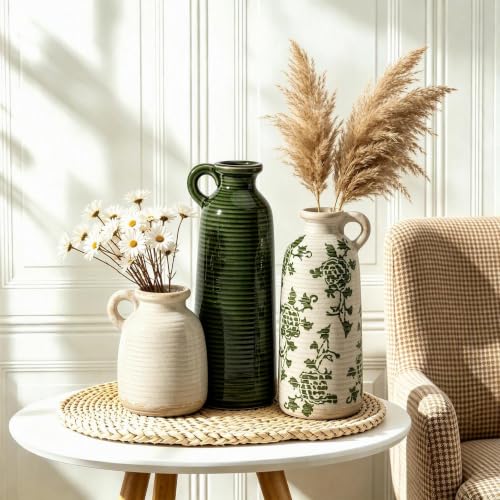 Ceramic Vase Set of 3 with Handles, Green White Neutral Rustic Modern Farmhouse Boho Decor, Versatile as Table Centerpiece or Mantel & Shelf Accent - Unique Home Gift Idea - Image 4