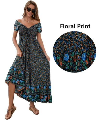Women's Summer Floral Maxi Dress Casual Short Sleeve Flowy Boho Beach Party Long Dress2