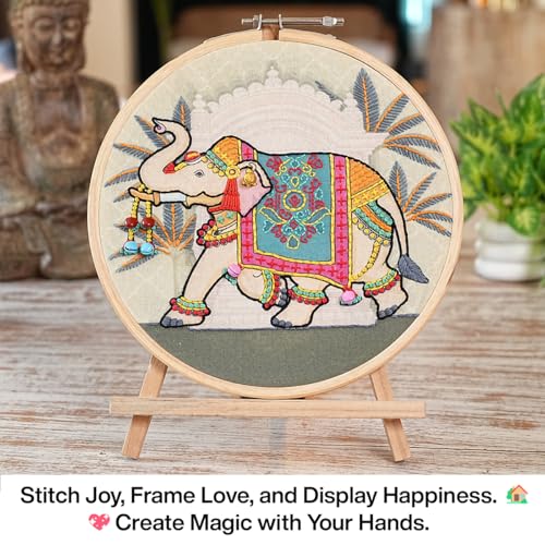 Image of picknMAKE Colorful Royal Elephant Hand Embroidery Kit for Beginners, Adults & Kids - Digital Printed Fabric, Threads, Needles, Ghoongru & Instructions - DIY Embroidery Set