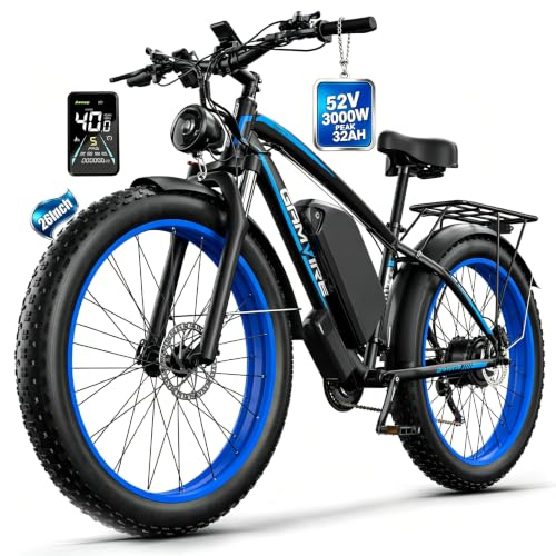 GAMVIRE Vélo électrique 2000W crête 3000W adultes, 40mi/h max 160+ km autonomie, pneu gras 26" tout-terrain, freins hydrauliques, bleu 52V 32Ah
