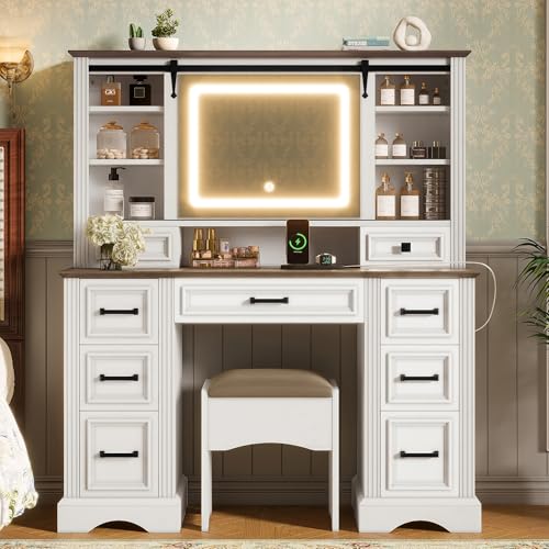 Image of JIVOIT Farmhouse Makeup Vanity Desk with Sliding Mirror and Storage, 47.2 inch Large Vanity Set with Storage Stool, Dressing Table with 9 Drawers, Easy Assembly