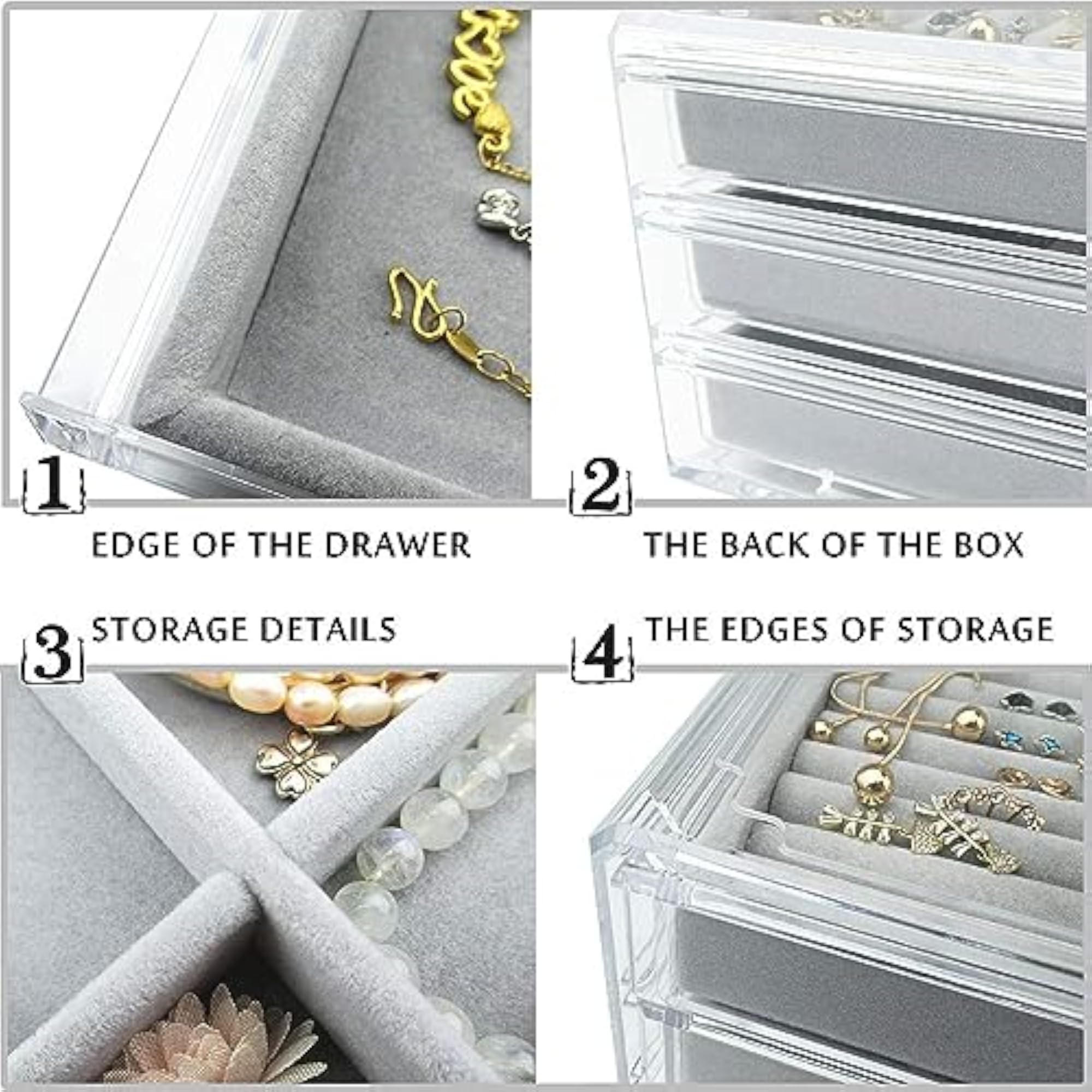 Acrylic Jewelry Box with 3 Drawers, Velvet Organizer