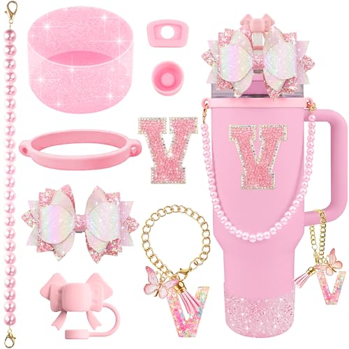 Hpebl 9PCS Pink for Stanley Cup Accessories Set Bling Initials Bow Charms for Stanley Decorations 30/40 Oz Tumbler Accessories Including Bow Straw Topper, Handle Strap, Spill Stopper（Letter V） - image 1