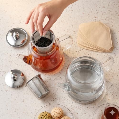 Image of Borosilicate Glass Teapot Set | Heat-Resistant Turkish Tea Maker with Stainless Steel Infuser and Metal Base | 2.5 lt Total Capacity, Drip-Free Spouts, Clear Glass Samovar Style (BRILLANT TEAPOT)