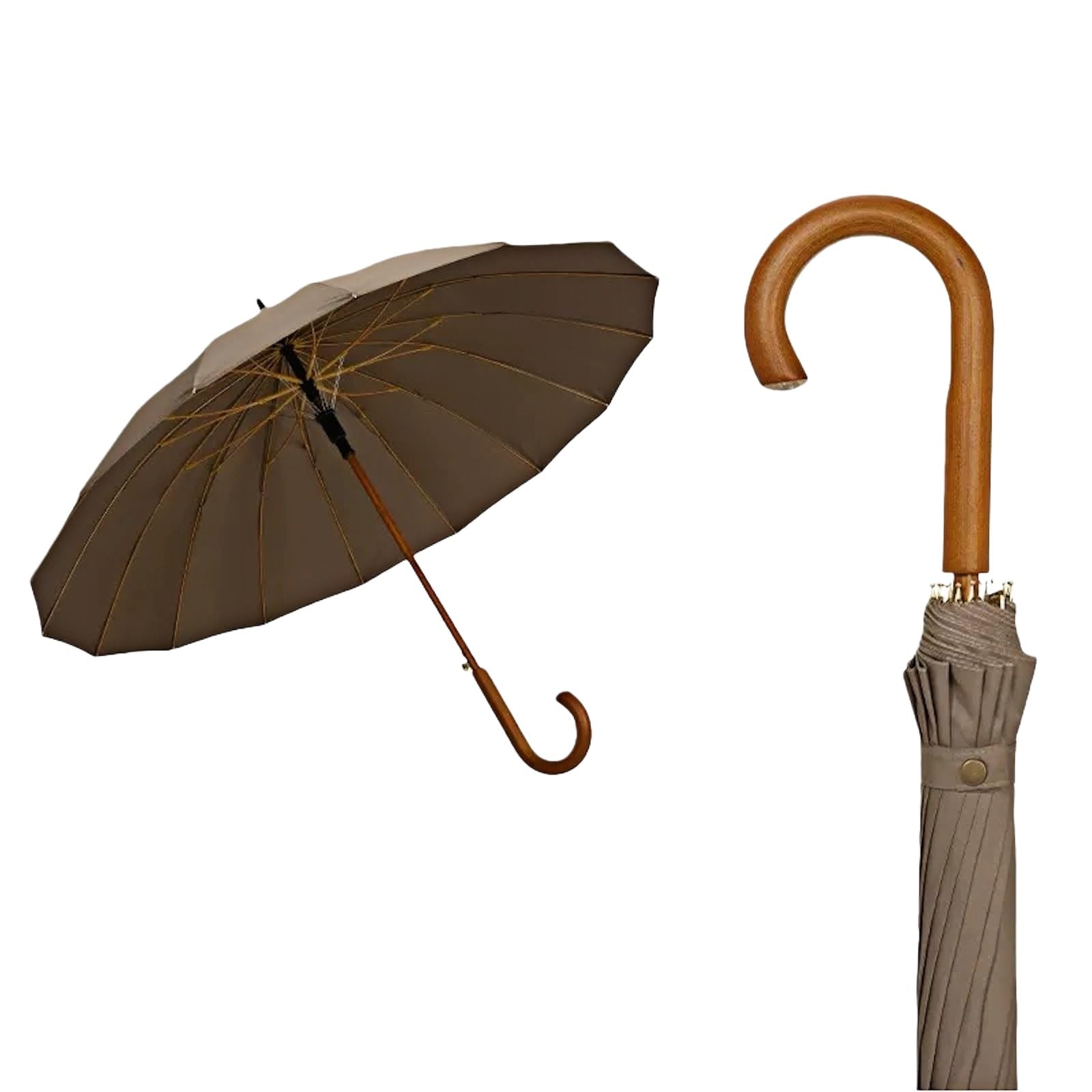 Uthdlm Men's Brown Auto Open Umbrella, Wooden J-Shaped Handle Umbrellas For Rain, Windproof Waterproof, Sun Uv Protection, 16-Rib, Classic Stick Umbrella For & Wo(Brown)