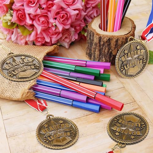 Loetere 30 Pcs Gold Award Medals Bulk 2 Inch Readers are Leaders Award Reading Medals Trophy Gift Prizes with Neck Ribbons for Scholastic Competitions Book Lovers
